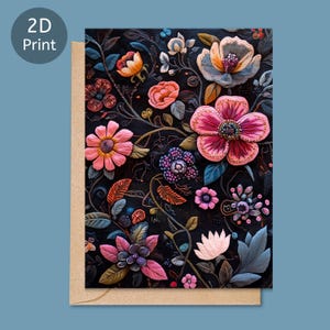Tarjeta de felicitación en blanco con estampado floral en 2D, ilustración hecha a mano, tarjeta con arte botánico, 5 x 7 pulgadas con sobre Kraft
