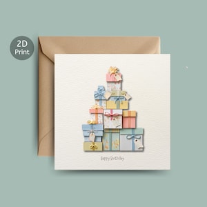 Biglietto di auguri di compleanno in stile cartaceo con pila di compleanno / Biglietto di auguri con regali di compleanno colorati / Biglietto di auguri con scatola regalo per amici e familiari