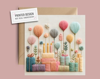 Embroidered-Look Birthday Card: Balloons, Cake & Gifts Design – Eco-Friendly Kraft Envelope