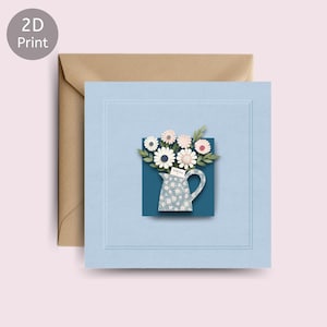 Cartão de felicitações com jarra floral impresso em branco dentro de um cartão quadrado com envelope para aniversário, obrigado ou apenas porque