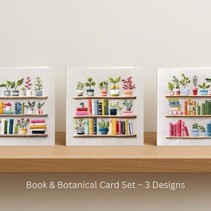 Boek en botanische wenskaartenset van 3 vierkante kaarten geïllustreerde plant- en boekenplankontwerpen milieuvriendelijk briefpapier, blanco van binnen