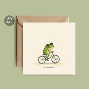 Fietskaart grappige kikker – Op avontuur – Eco-geprinte kikkerwenskaart – Fietsende dierenkaart – 2D-kikkerprint