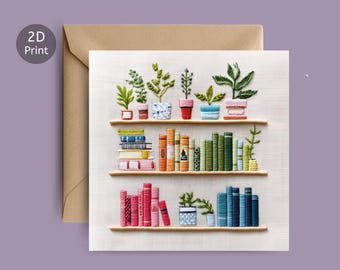 Carte bibliothèque à effet de point - Livres et plantes brodés, cadeau fait main pour les lecteurs