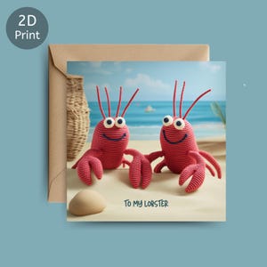 Do mojej karty rocznicowej z homarami – urocze szydełkowane homary z plażowym wzorem, ręcznie robione amigurumi, idealne dla zakochanych, szczęśliwej rocznicy
