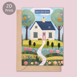 Biglietto di auguri stampato in 2D per la nuova casa, biglietto di auguri per l'inaugurazione della casa, illustrazione in stile fatto a mano, interno vuoto