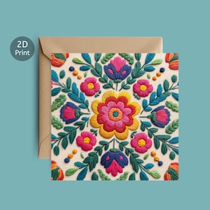 Cartão com bordado floral – Design colorido inspirado na arte popular – Saudação de aniversário ou para todas as ocasiões