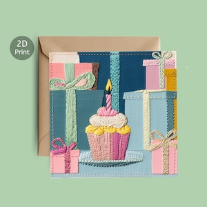 Cupcake und Geschenke Geburtstagskarte leer, innen bedruckt, quadratische Grußkarte mit handgefertigtem Look zum Feiern oder für alle Anlässe
