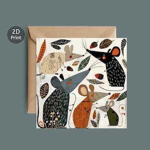 Bosmuis van kleine verzamelaars | Papercraft-stijl muizenkaart | Dierlijke wenskaart herfst bos | Natuurkaart voor natuurliefhebbers