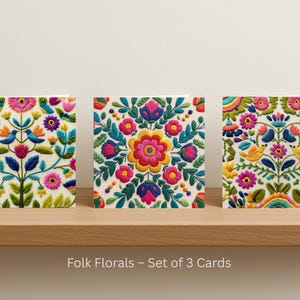 Set di 3 biglietti in stile ricamo – Disegni floreali e di uccelli in stile folk colorato – Compleanno, ringraziamento o qualsiasi occasione