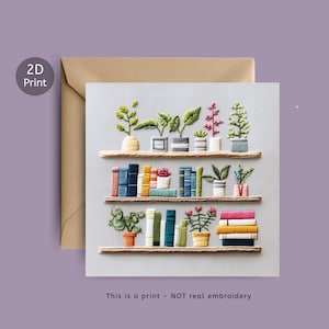 Haftowana kartka z życzeniami w kształcie półki na książki: Słoneczny kącik do czytania | Przytulna kartka z książką | Projekt półki na rośliny