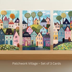 Set di 3 biglietti d'auguri "Patchwork Village", con case illustrate, cancelleria ecologica e interno vuoto.