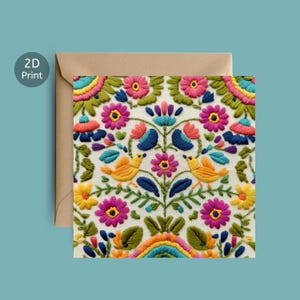 Bright Bird & Blooms – Kaart voor verjaardag of alle gelegenheden met borduurprint in volksstijl