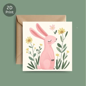 Cartão de coelho rosa, linda ilustração de primavera, cartão quadrado de felicitações, cartão em branco inspirado na natureza para a Páscoa, aniversário, novo bebê, pensando em você