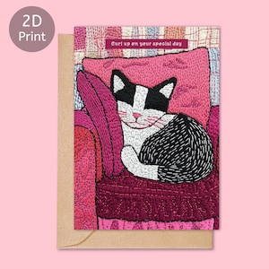Carte d'anniversaire chat, carte de voeux chat mignon, carte chat noir et blanc, carte chat fauteuil rose, illustration de style brodé, cadeau pour amoureux des chats