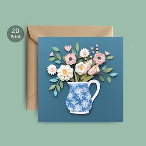 Blanco kaart met bloemenkruik – gedrukte wenskaart in handgemaakte stijl – milieuvriendelijke vierkante kaart voor moeder, verjaardag, bedankje of gewoon omdat