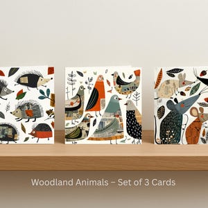 Woodland Animal Card Set van 3 vierkante kaarten geïllustreerde natuurontwerpen milieuvriendelijk briefpapier blanco binnenkant wenskaartbundel