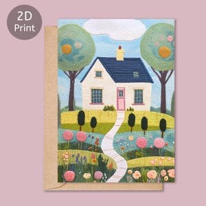 Tarjeta impresa en 2D con diseño de casa en blanco, ilustración de jardín de estilo rural con bordado, saludo en blanco, cumpleaños, agradecimiento, inauguración de la casa, 5 x 7 pulgadas