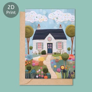 Blanko-Haus 2D gedruckte Karte, Bauerngarten-Illustration im Stickerei-Stil, Gruß, Geburtstag, Danke, Einweihungsparty, 13x18cm