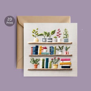 Sunny Nook-boekenplankkaart voor boeken- en plantenliefhebbers | Gezellige wenskaart met leeshoekje | Bedrukte geborduurde plankkaart