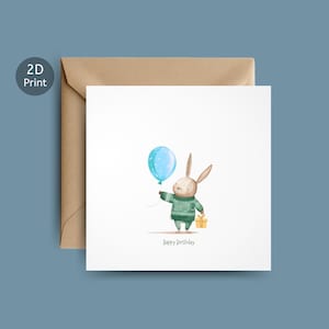 Geburtstagskarte Hase mit Luftballon und Geschenk – süße Tier Karte für Kinder oder Erwachsene – quadratische Grußkarten, gedruckt auf Strukturkarton