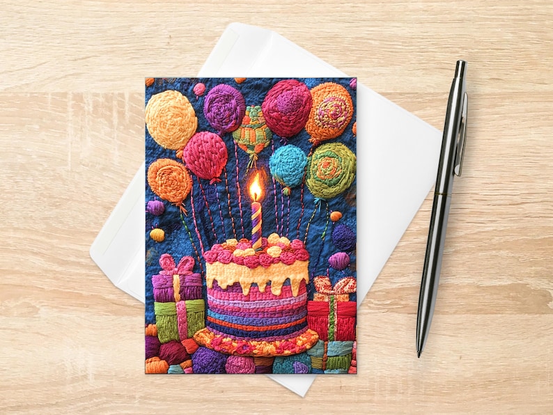 Stitch Effect Birthday Card Printed Embroidery Style Cake and Balloons ...