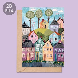 Skurrile bunte Häuser 2D gedruckte Karte, leere Grußkarte, Geburtstag, Housewarming, Natur-Liebhaber, Kunst Notecard mit Umschlag