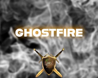 Könnte beinhalten: Ein Grafikdesign mit dem Wort GHOSTFIRE in fetten weißen Buchstaben mit orangefarbenem Leuchten, platziert über einem goldenen Schildeblem mit zwei gekreuzten Schwertern dahinter, alles vor einem Hintergrund aus wirbelndem grauem und weißem Rauch.