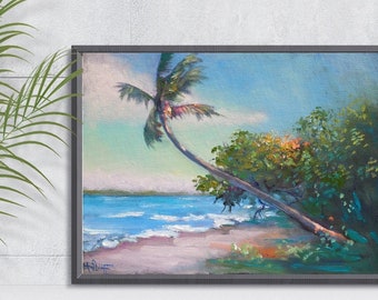 Florida Palm Tree Landscape Original Oil Painting, Tropical Breezy Day Canvas Panel Art, Coastal and Beach House Wall Decor, Small Art