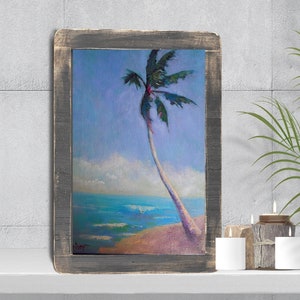 Tropical Palm Tree on the Beach, Florida  Scene, Original Oil Painting, Coastal Home Wall Decor, Art Closeout