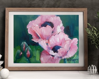 Pink Poppy Floral Painting Print, Flower Giclee on Canvas or Art Paper, Floral Still Life, Home Wall Decor, Choose Your Size, Free Proof