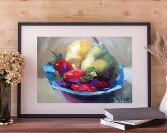 Fruit Still Life, Pear and Strawberries, Painting Giclee Print, Canvas or Archival Paper, Free Proof