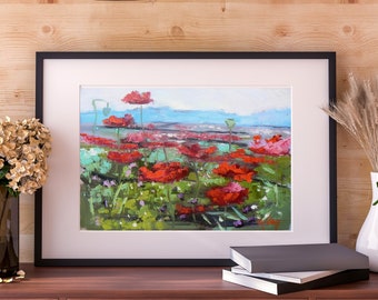 Poppies and Mountains Summer Landscape, Giclee Print of Painting, Floral Home Wall Decor, Choose Your Size, Canvas or Art Paper