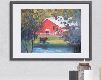Rural Farm Original Oil Painting,  Barn Landscape, Black Cow, Carolina Art, Country Farmhouse Wall Decor, Rustic, Artwork on Sale