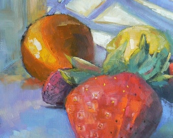 Fruit Still Life Original Oil Painting, Kitchen Wall Decor, Foodie Gift, Cafe Artwork, Strawberry, Orange, Lemon, Make Offer, Closeout Sale