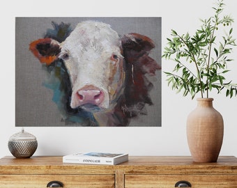 Cow Portrait, Giclee Print of Painting on Canvas or Paper, Ranch Farmhouse Wall Decor , Hereford Cattle, Farm Animal, Cizehoose Your Size