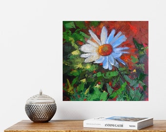 White Daisy Flower Original Oil Painting, Garden Landscape Art, Textured Floral Palette Knife Artwork, Home Wall Decor, Closeout Sale