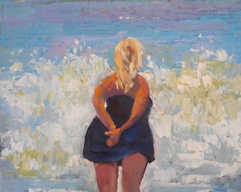 Figurative Oil Painting, Woman Wading, Ocean, Beach House Wall Decor, Coastal Landscape Art, Under Forty dollars Closeout Sale