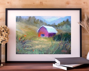 Red Barn Landscape Oil Painting, Small Rural Farmhouse Art, Maggie Valley, Blue Ridge Mountains, Home Wall Decor, Original,  Closeout Sale
