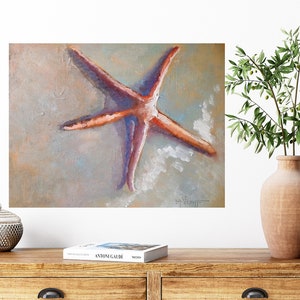 Starfish in Surf, Gicee Print of Painting on Canvas or Art Paper, Coastal and Beach House Wall Decor, Beach Lover Gift, Free Proof image 1