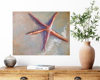 Starfish in Surf, Gicee Print of Painting on Canvas or Art Paper,  Coastal and Beach House Wall Decor, Beach Lover Gift, Free Proof