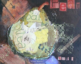 Original Collage, Torn Paper Collage, Kitchen Art, "Old Fashioned Pear" 8x8" Sale, Free Shipping in US