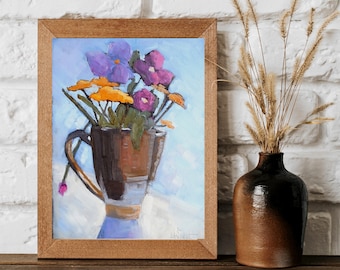 Wildflowers Still Life Original Oil Painting,  Floral Bouquet Art, Blue Flower Painting, Home Wall Decor 9x12", On Sale, Closeout Artwork