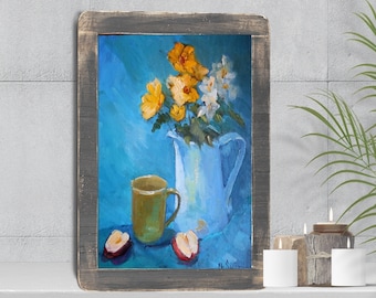 Blue and Yellow Floral Still Life Painting on Canvas, Yellow Flower Bouquet Artwork,  Home Wall Decor, Gardener's Gift, Closeout Sale