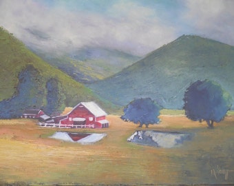 Smoky Mountain Landscape, Rural Farm Original Oil Painting, Farmhouse Wall Art, Home Decor, Art on Sale, Closeout