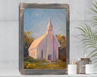 Appalachian Church Landscape in Mountains, Small Original Oil Painting  Farmhouse Wall Decor, Asheville Scene, Closeout Sale