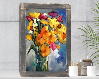 Floral BouqueGiclee Print of Painting, Still Life on Art Paper or Canvas, Home Wall Decor, Yellow, Blue, Choose your Size, Free Proof