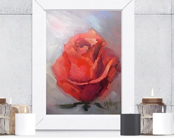 Original Oil Painting, Red Rose Still Life, Home Wall Decor, Small Shelf Filler, Gift for Flower Lover