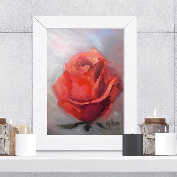 Red Rose Still Life Oil Painting, Floral Artwork,  Home Wall Decor, Small Shelf Filler, Gift for Flower Lover, Closeout Sale