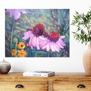 Flower Landscape, Giclee Print of Painting, Canvas or Art Paper, Coneflower Garden Floral, Home Wall Decor, Free Proof, Choose Your Size image 2