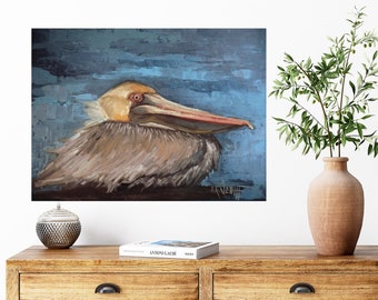 Florida Pelican,  Wildlife Bird Art, Giclee Print of Painting on Canvas or Art Paper,  Beach House and Coastal Home Wall Decor, Free Proof